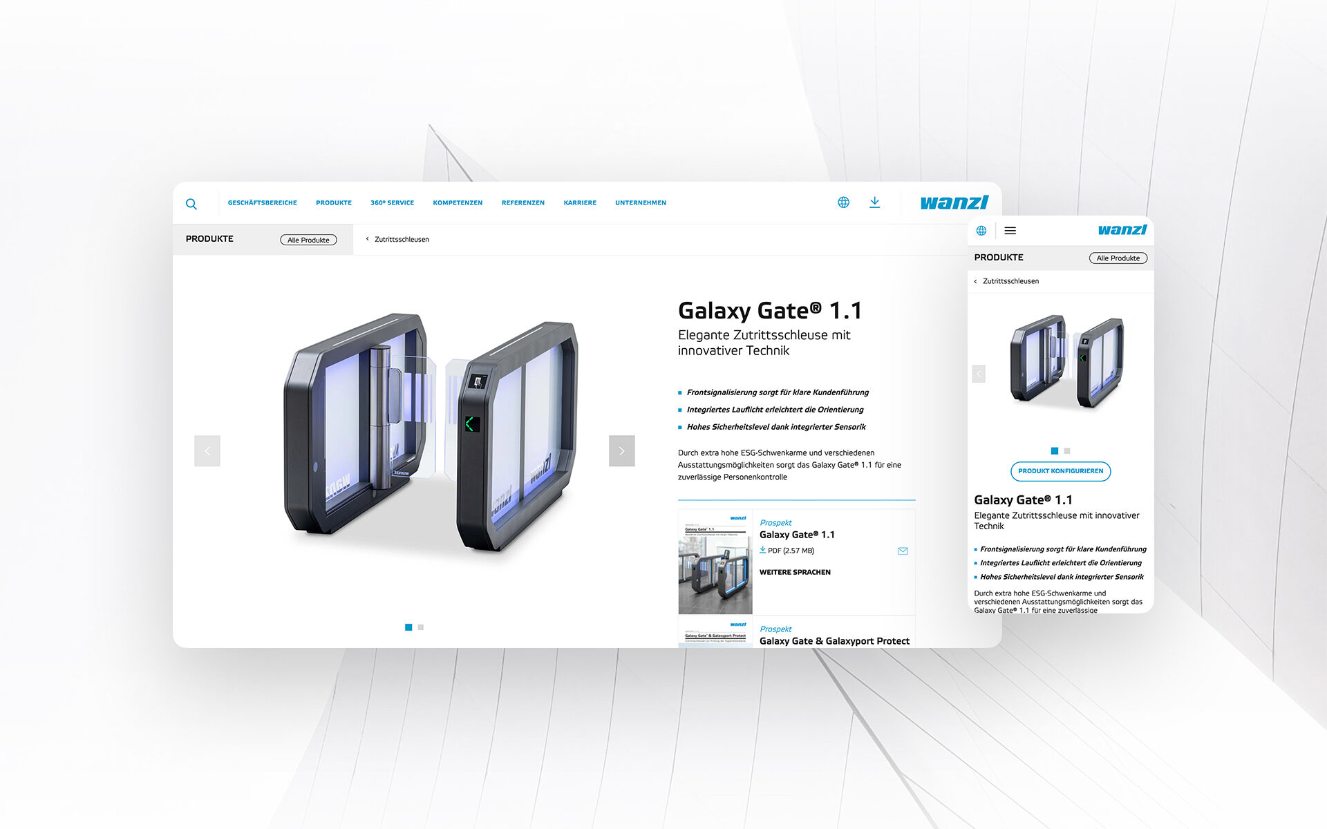 Visualisierung der Wanzl-Website in einem Mockup mit einem Tablet-Bildschirm und einem Smartphone-Bildschirm.