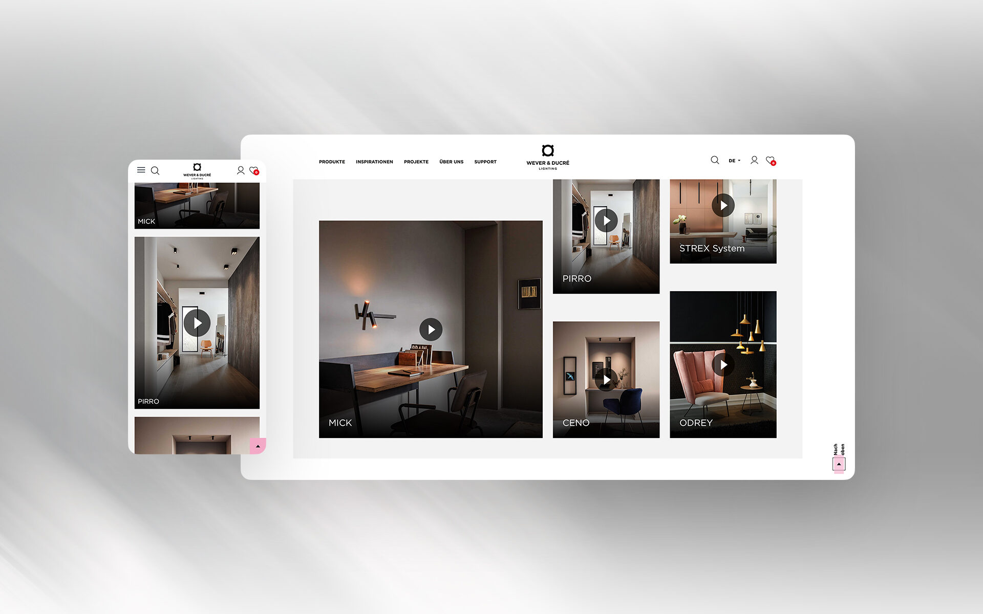 Inspirationen-Seite von Wever & Ducré mit Videothumbnails zu verschiedenen Lichtlösungen wie MICK, PIRRO und STREX System – in responsivem Layout.
