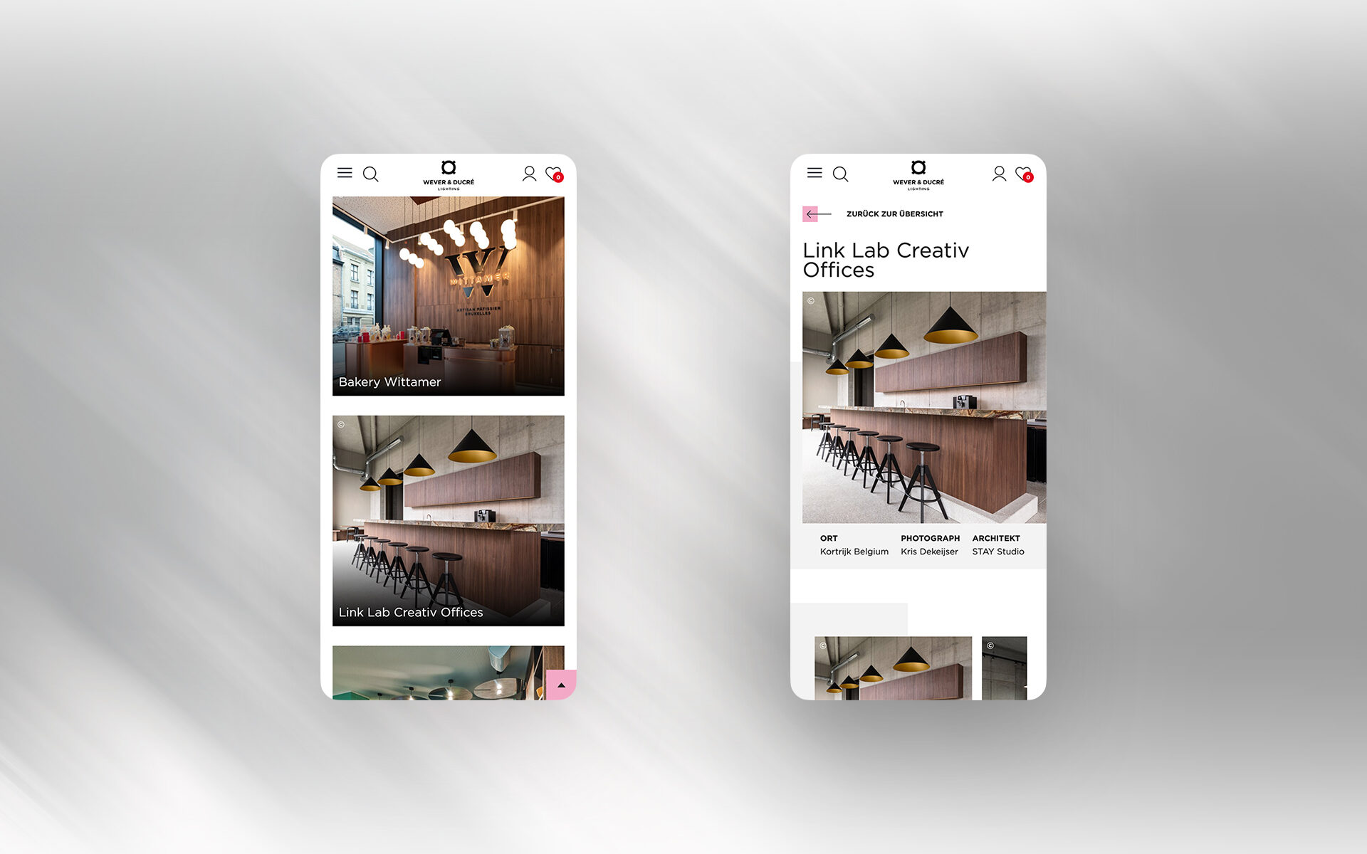 Projektübersicht auf dem Smartphone – Referenzen wie ‘Bakery Wittamer’ und ‘Link Lab Creative Offices’ mit Bildern von Designer-Leuchten in modernen Innenräumen.