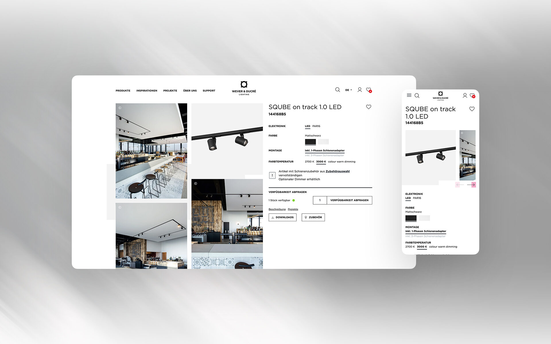 Produktübersicht der Wever & Ducré Website – Auswahl an Decken- und Einbauleuchten mit Filteroptionen für Einsatzort, Typ, Farbe und Lichttemperatur.