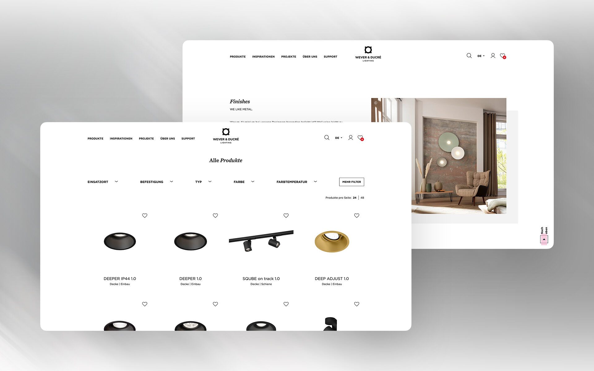 Produktübersicht der Wever & Ducré Website – Auswahl an Decken- und Einbauleuchten mit Filteroptionen für Einsatzort, Typ, Farbe und Lichttemperatur.