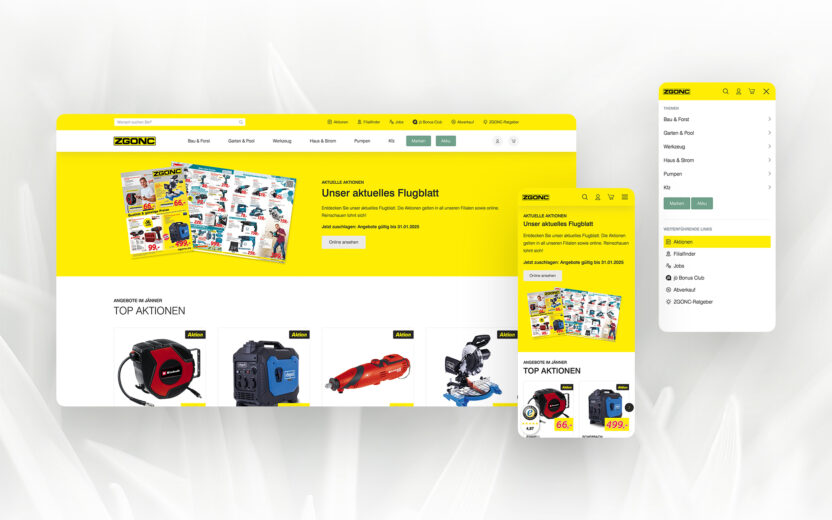 Mockup mit gelbem Hintergrund: Zu sehen sind auf einem PC-Bildschirm und zwei Smartphones die neue Website von ZGONC.