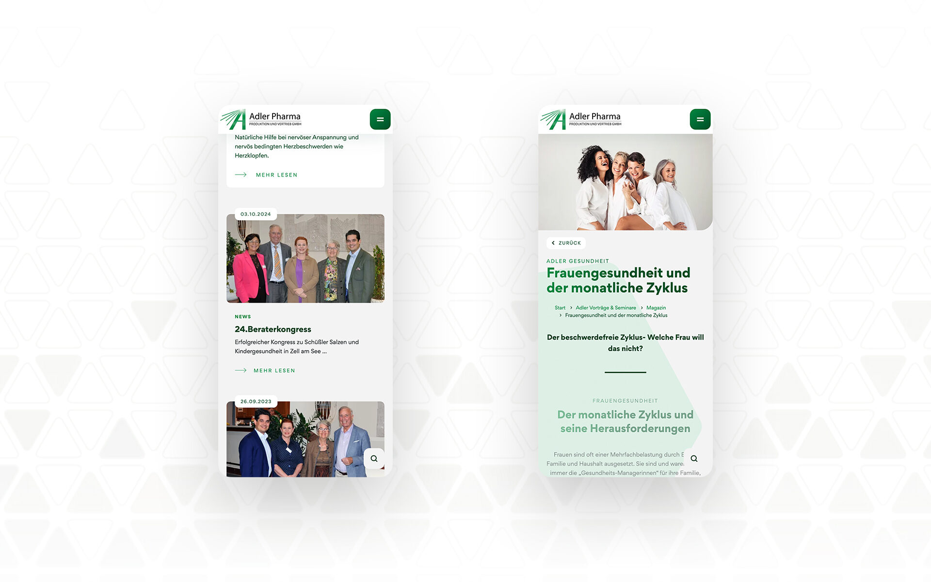 Mobile Darstellung redaktioneller Inhalte von Adler Pharma zu Frauengesundheit und Kongressen – Fokus auf Zyklus-Themen und Eventberichte.