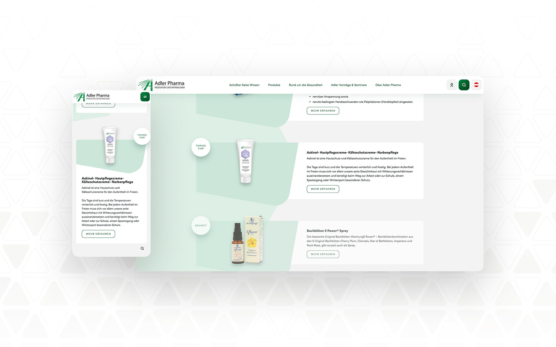 Desktop- und Mobilansicht der Hautpflegeprodukte bei Adler Pharma mit Fokus auf Askine® Kälteschutzcreme und Bachblüten-Spray.