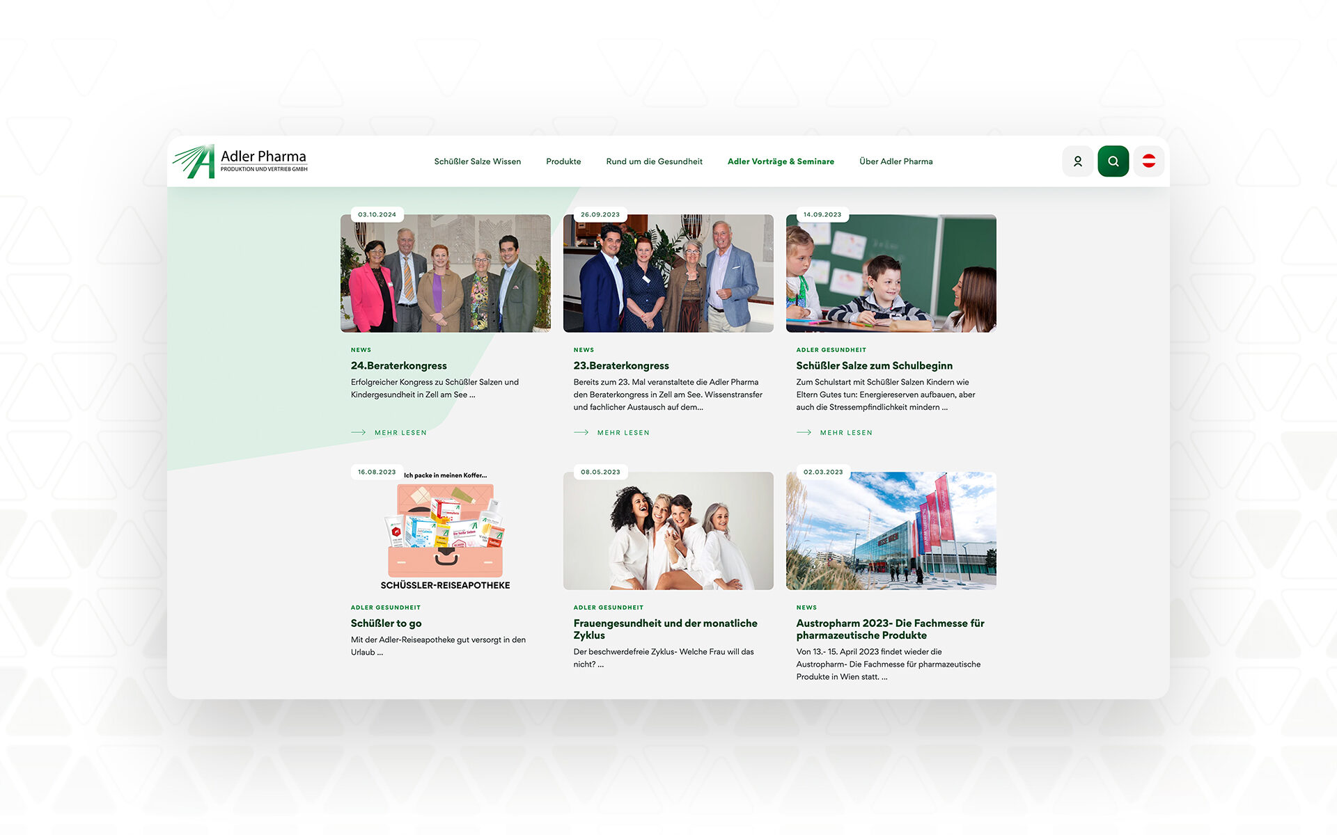 Übersichtsseite der Adler Pharma Website mit Beiträgen zu Beraterkongressen, Schulbeginn mit Schüßler Salzen und Produktneuheiten wie der Reiseapotheke.