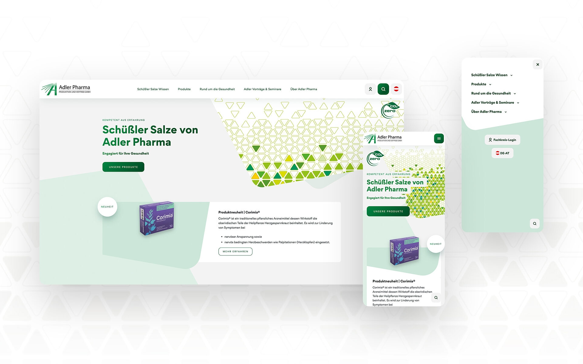 Startseite von Adler Pharma mit Fokus auf Schüßler Salze und Produktneuheit Corimia® – Darstellung als Desktop- und Mobilversion mit Navigation.
