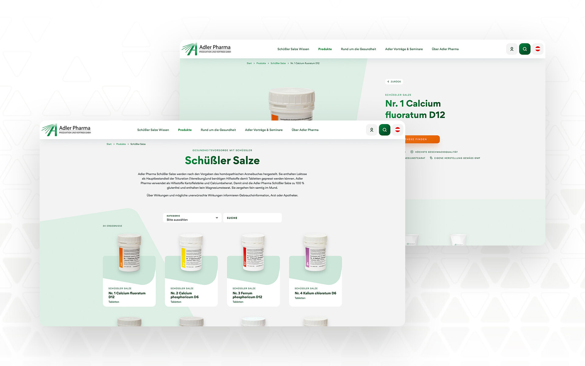 Desktopansicht der Produktkategorie Schüßler Salze bei Adler Pharma – mit Auswahlfunktion, Produktvorschau und Detailansicht zu Calcium fluoratum D12.