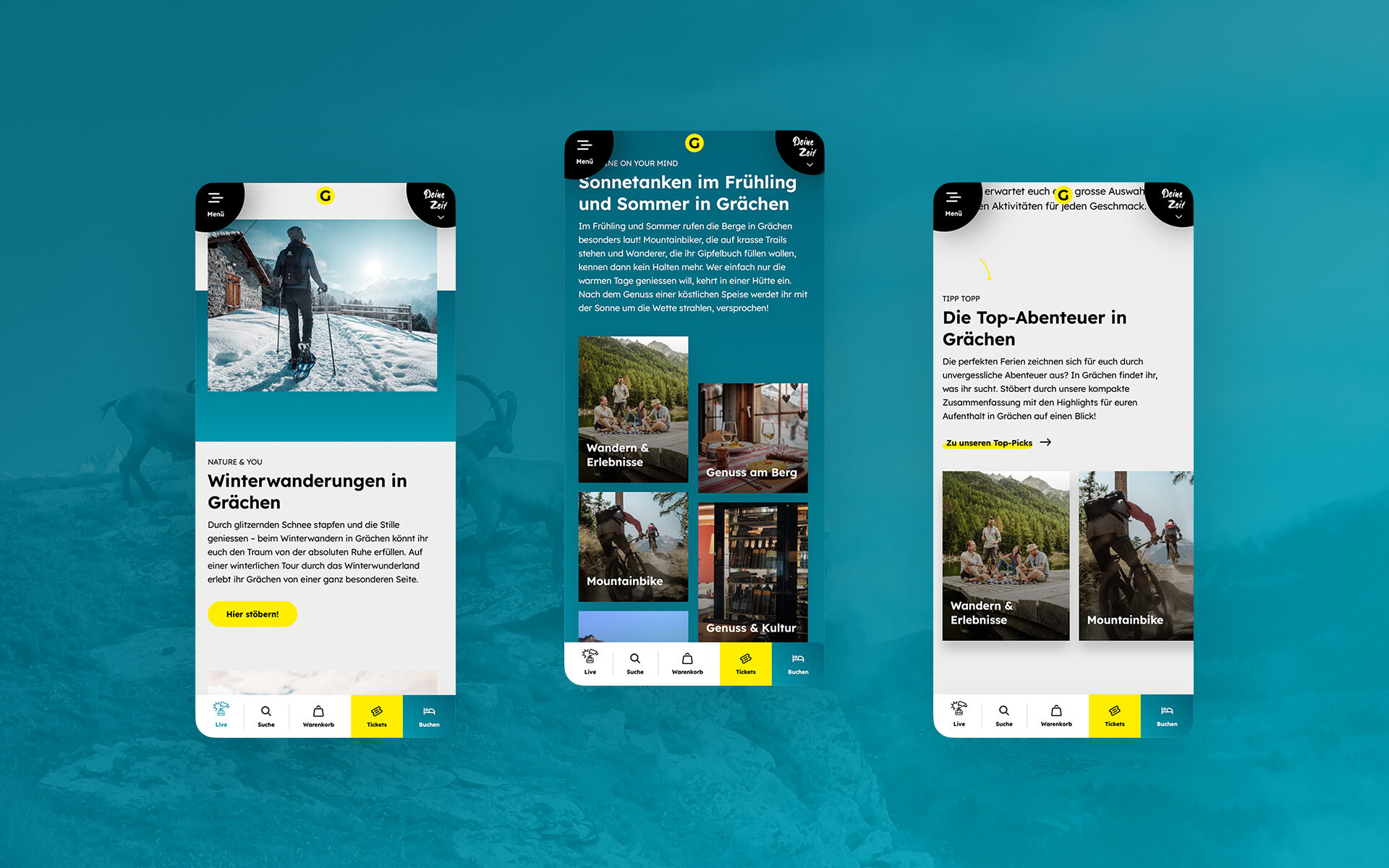 Mockup der neuen Grächen-Website, dargestellt auf 3 Smartphones.