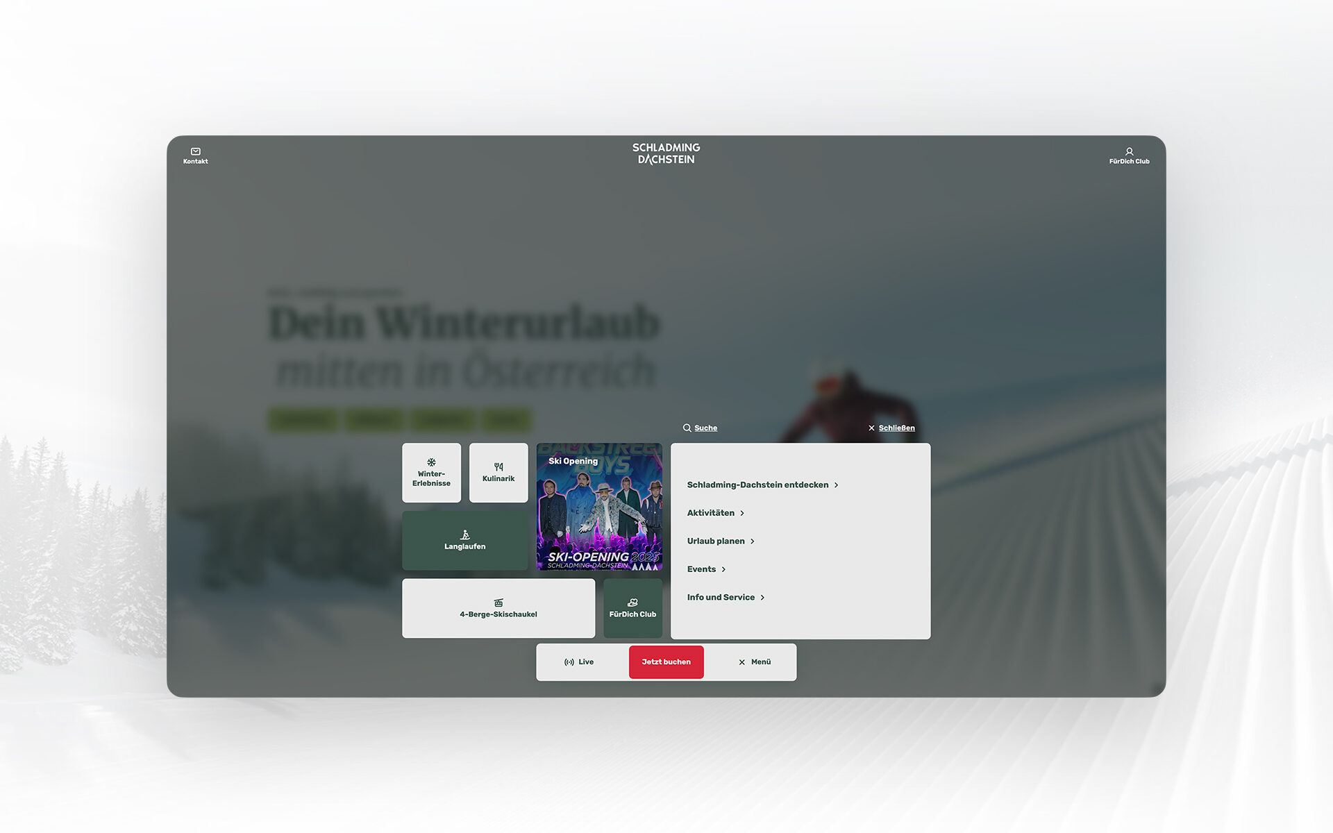 Mega-Menü der Website Schladming Dachstein mit Kachel-Navigation und Linkliste zu Bereichen wie Aktivitäten, Urlaub planen, Events sowie Info und Service.