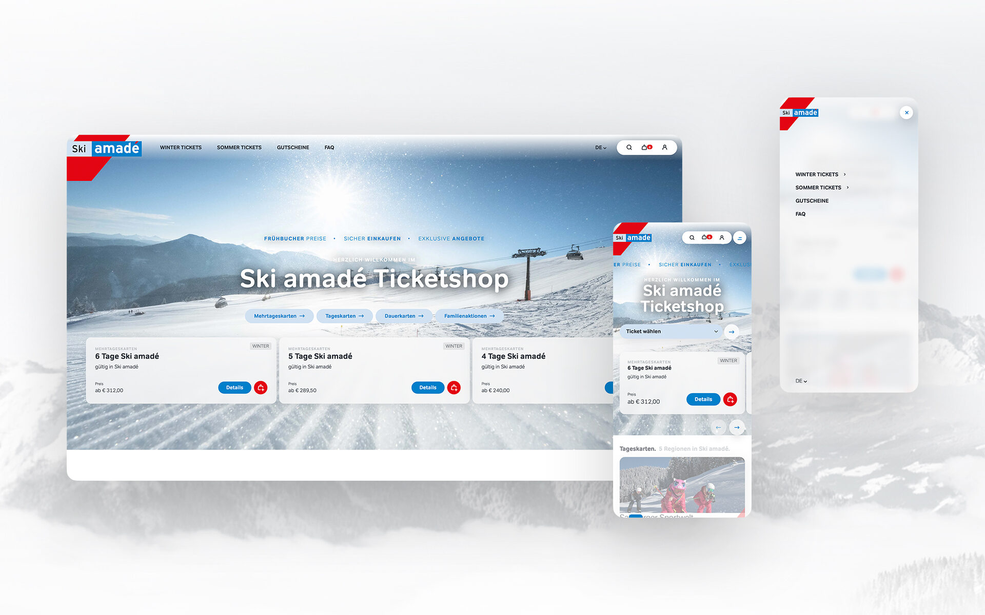 Startseite des Ski amadé Ticketshops mit Angeboten für Mehrtageskarten und Tageskarten sowie einer winterlichen Berglandschaft im Hintergrund.