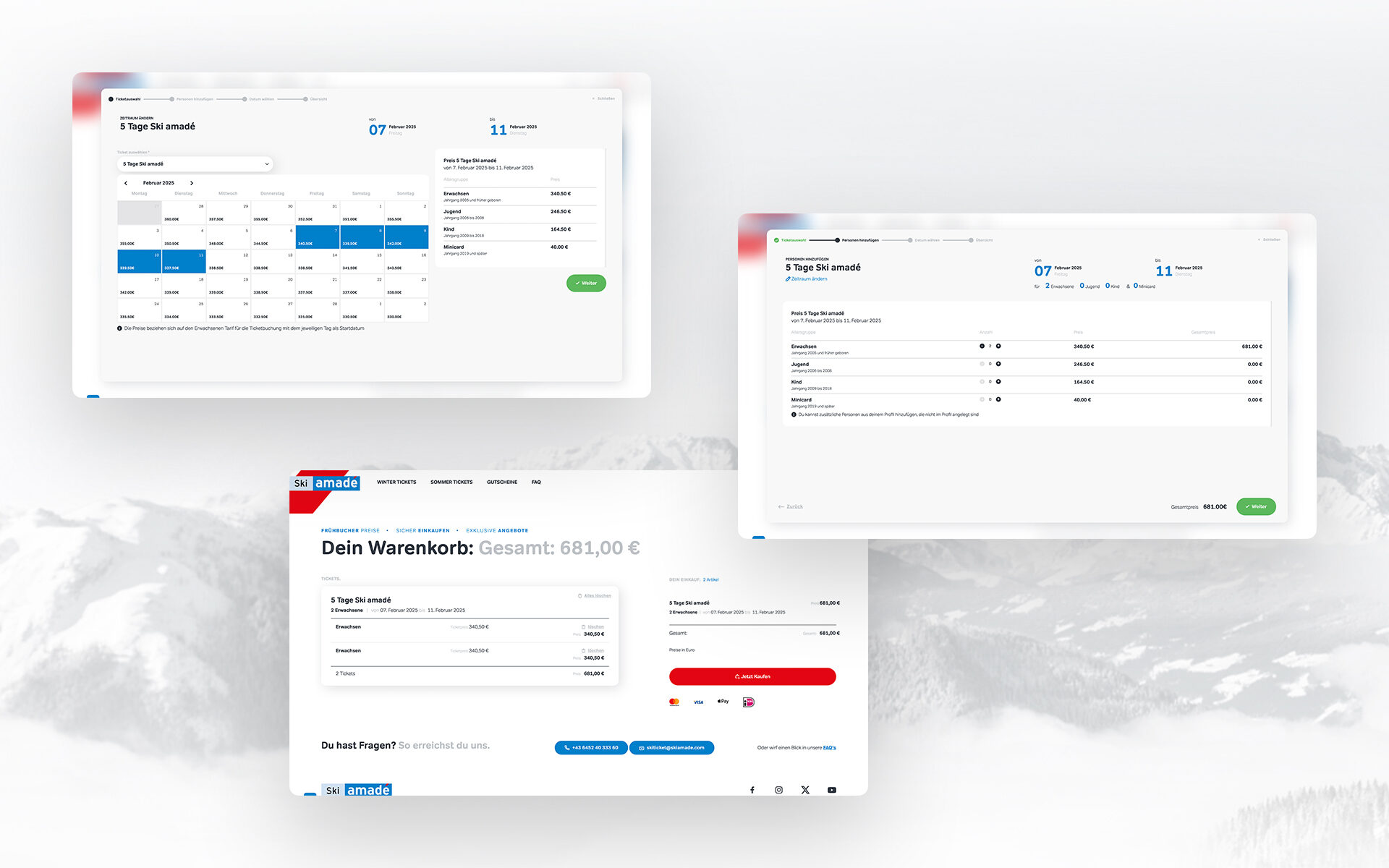 Buchungsdetails für ein 5-Tages-Skiticket im Ski amadé Ticketshop, mit Preisinformationen und Warenkorbübersicht.