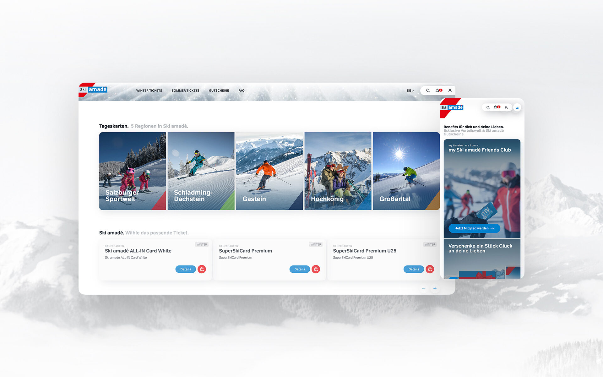 Darstellung der fünf Regionen in Ski amadé mit Bildern der Skigebiete Salzburger Sportwelt, Schladming-Dachstein, Gastein, Hochkönig und Großarltal.