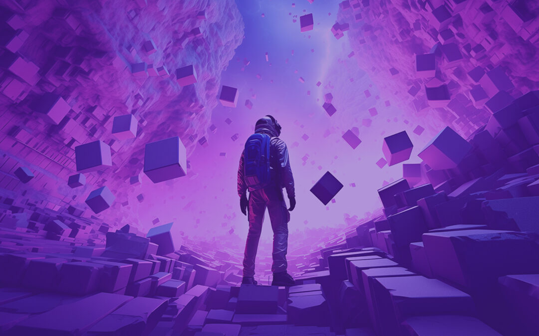 Grafik von einem Astronauten der zwischen zwei Art Schluchten steht, von denen Würfel fallen, die Pixel darstellen sollen. Auch der Astronaut steht auf einer Plattform aus großen Pixeln. Die Grafik ist ein sanftes Violett getaucht.