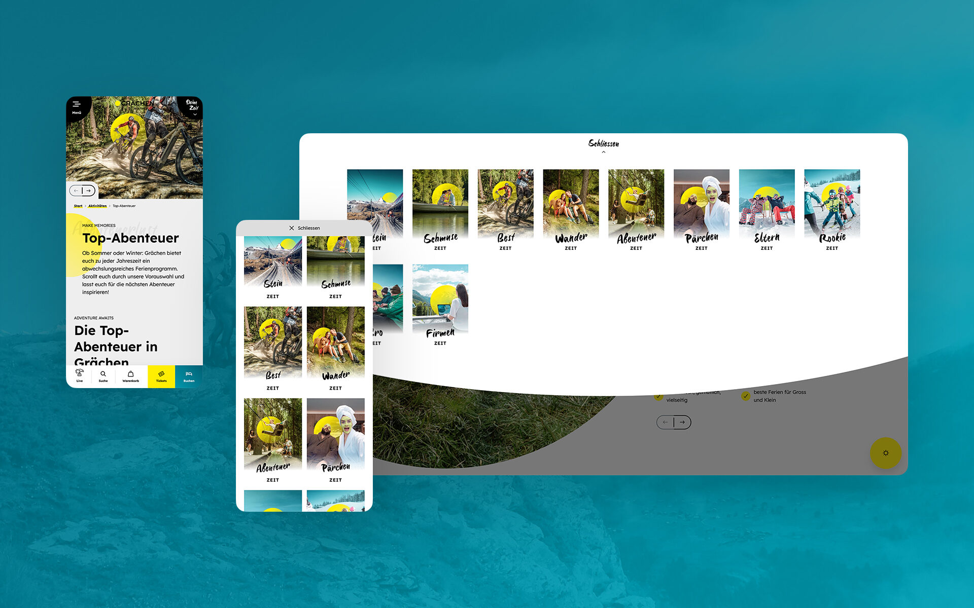 Screenshots von der neuen Grächen-Website: Zu sehen sind die Top-Abenteuer in Grächen