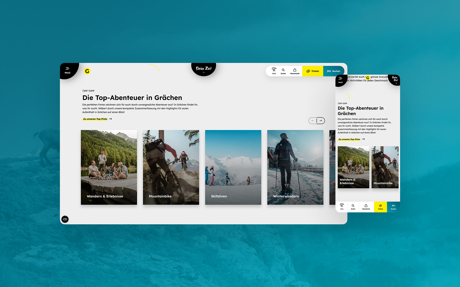 Screenshots von der neuen Grächen-Website: Zu sehen sind die Top-Abenteuer in Grächen