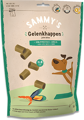 Eine Packung Gelenkhappen von Sammy für Hunde mit schwimmenden Leckerlis und einer Illustration eines Hundes beim Yoga. Enthält Details zu den wichtigsten Zutaten und Produktvorteilen. Kaufbar über Magento auf Adobe Commerce. Entdecken Sie noch heute die Qualität von Bosch Tiernahrung!