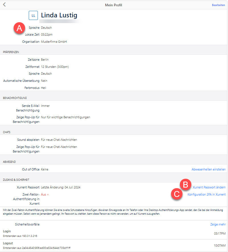 Profileinstellungen valantic Support Portal