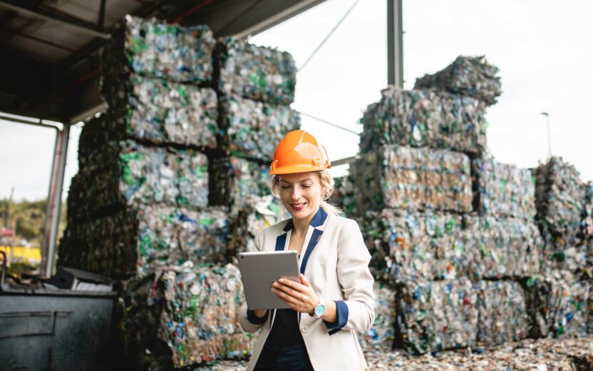 Close-up of female environmental expert using digital tablet for notes while conducting satisfying onsite inspection of recycling facility.