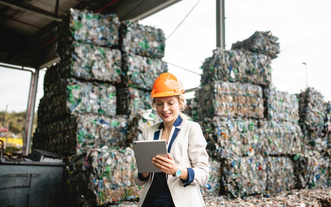 Close-up of female environmental expert using digital tablet for notes while conducting satisfying onsite inspection of recycling facility.