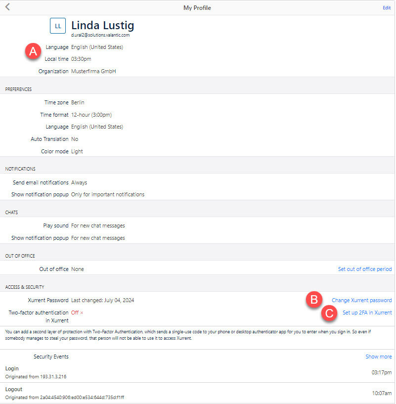profile setting valantic support portal