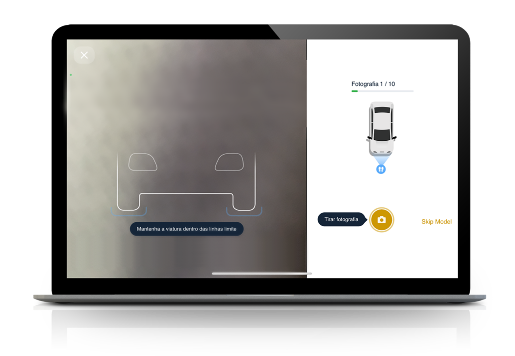 Auf einem Laptop-Bildschirm wird eine App-Oberfläche zum Fotografieren von Fahrzeugen angezeigt. Links ist eine detailgetreue Fahrzeugübersicht zu sehen; rechts eine Schrittanzeige neben einem detaillierten Fahrzeugdiagramm.