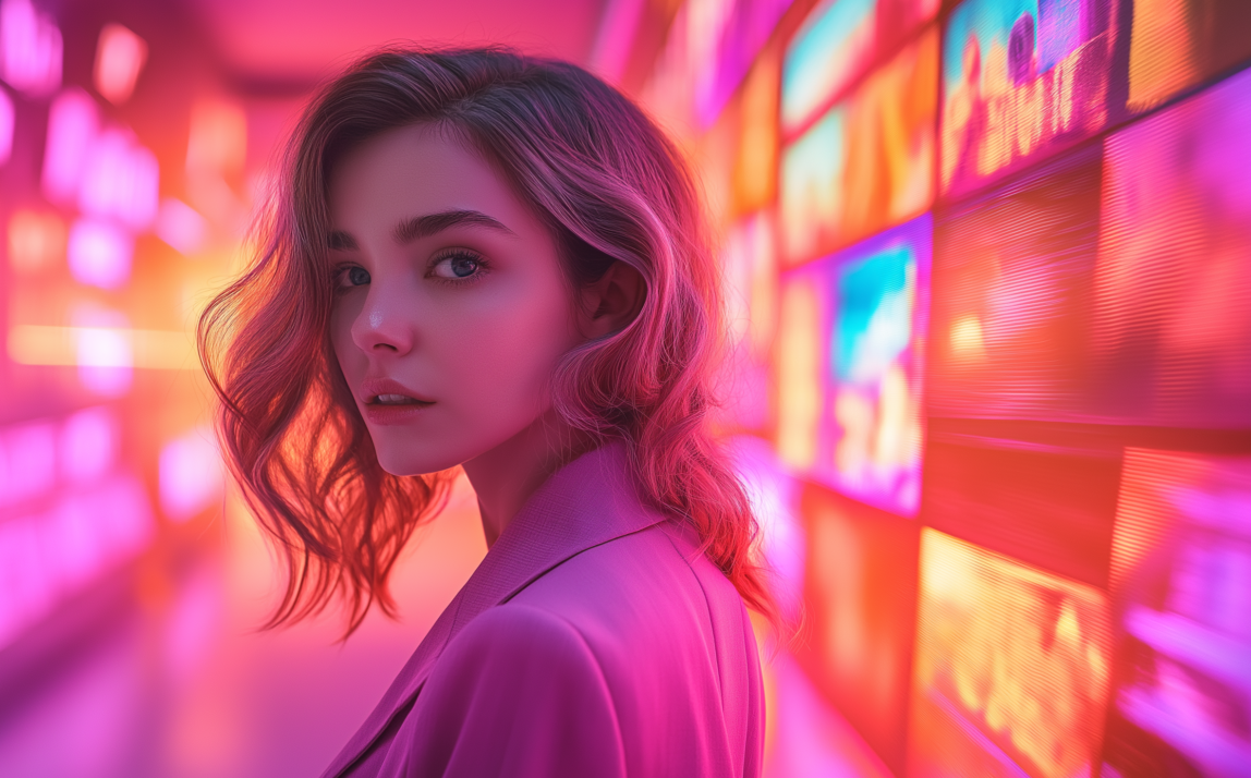 A woman with wavy hair is standing in a vibrant setting with colorful, illuminated screens displaying various images in the background. The scene is bathed in hues of pink, purple, orange, and blue, creating a dynamic and futuristic atmosphere.