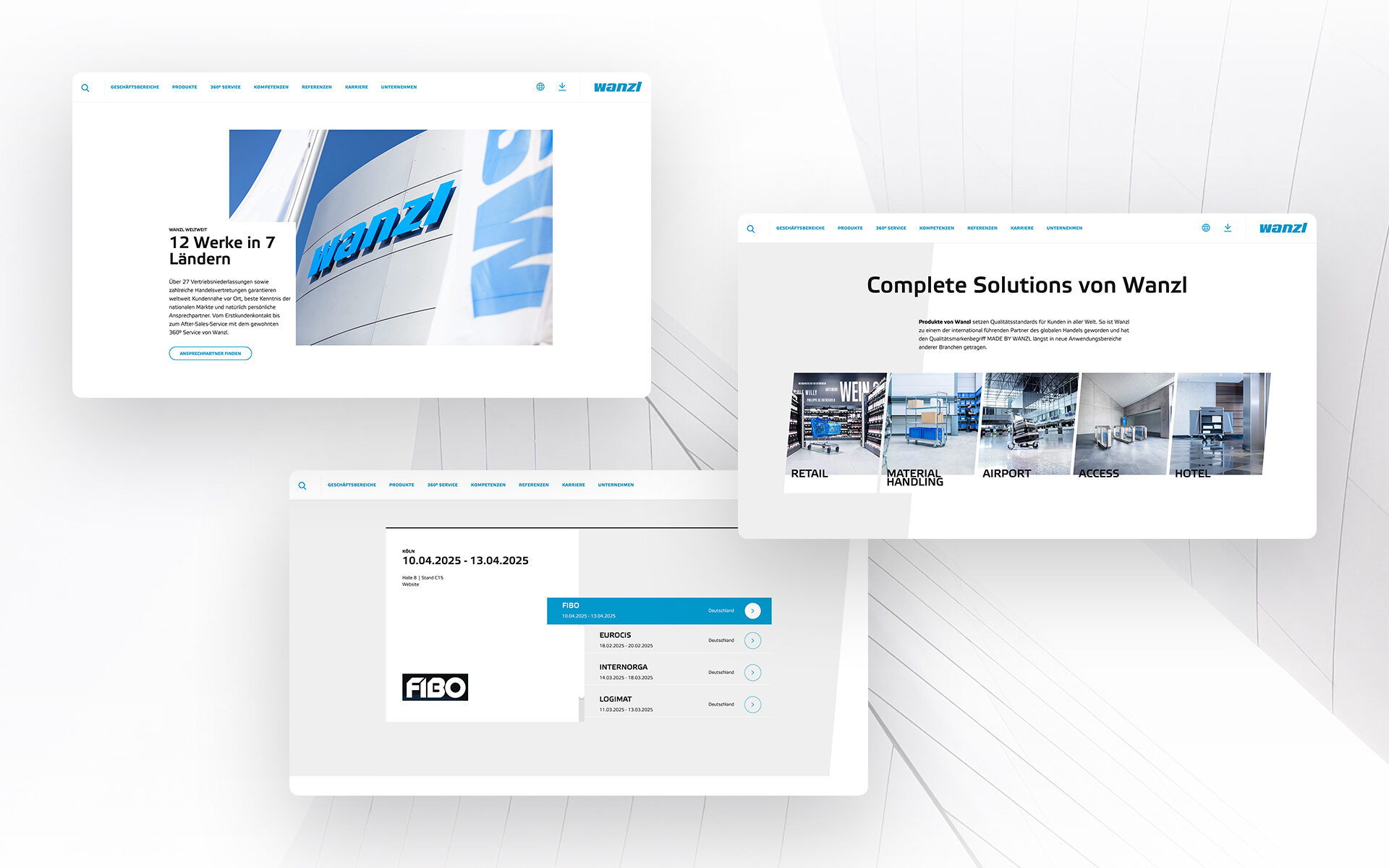 Visualisierung der Wanzl-Website in einem Mockup, das drei verschiedene Ausschnitte der Wanzl-Website anzeigt.