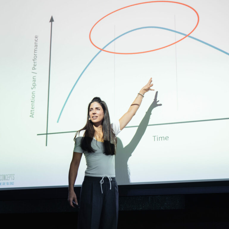 A person points to a projected graph displaying attention span versus time, with an orange circle highlighting the peak.