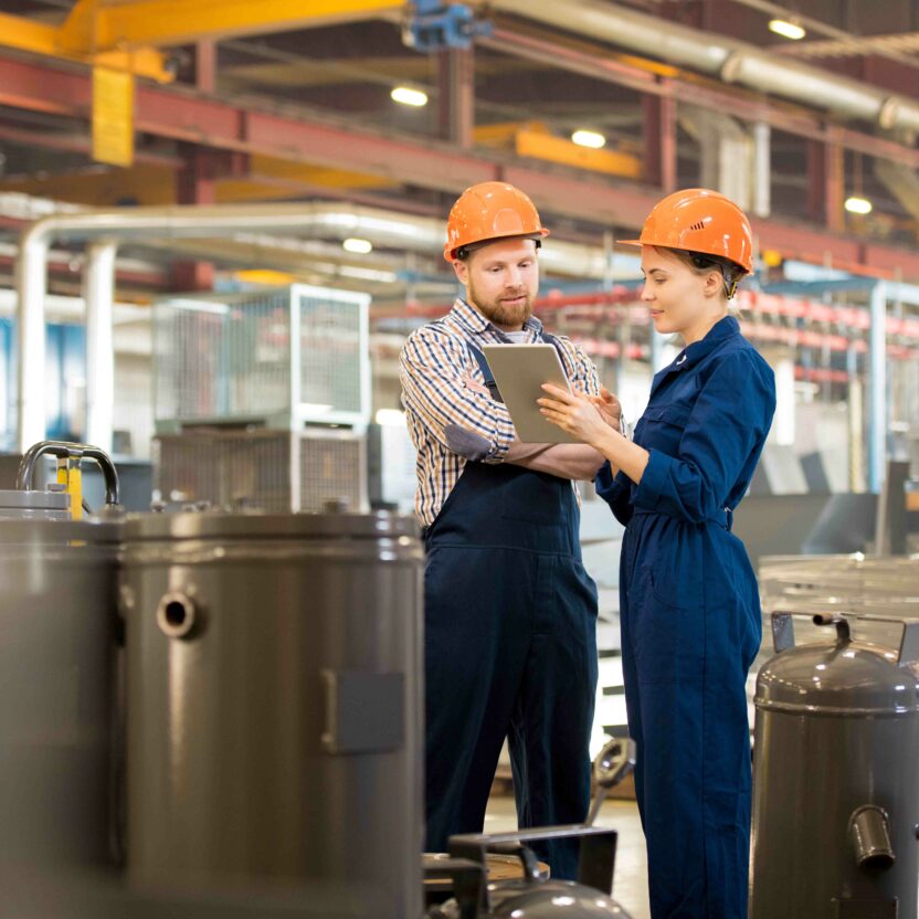 Two maintenance workers in a stock environment