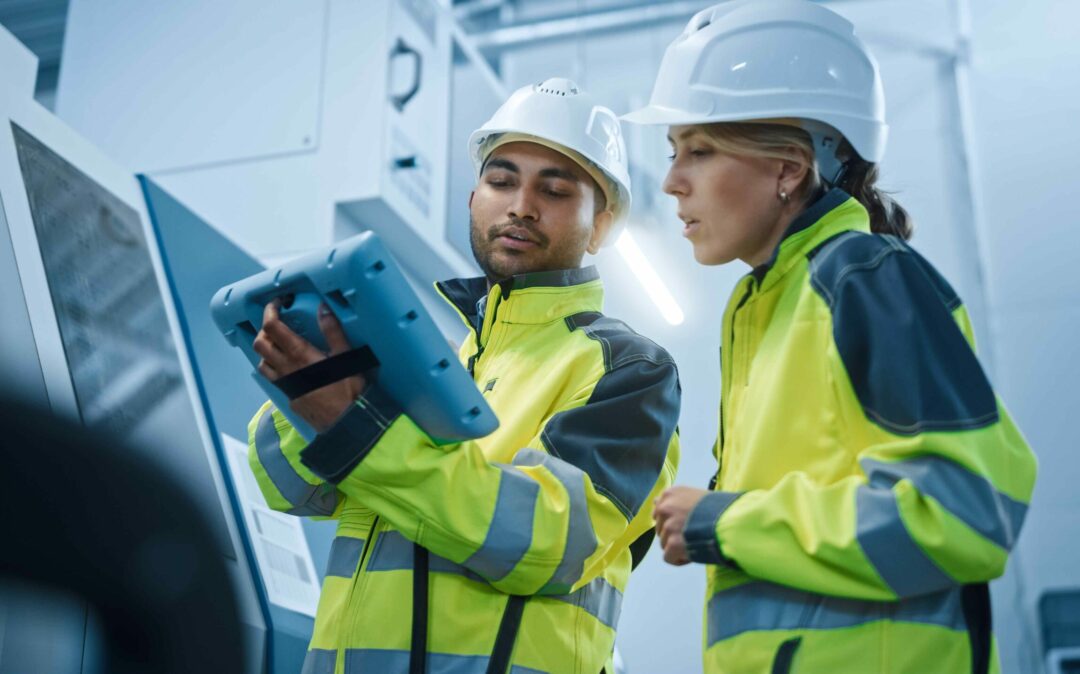 Two people in a database center talking
