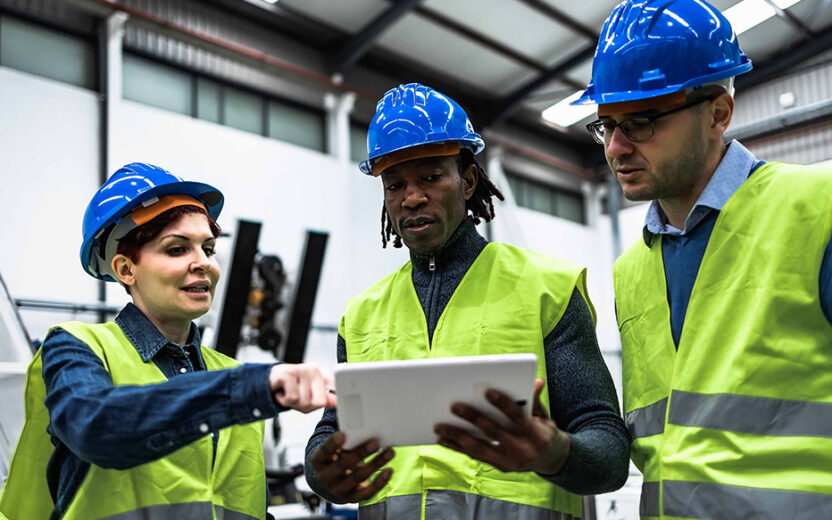 3 factory worker with ipad in warehouse