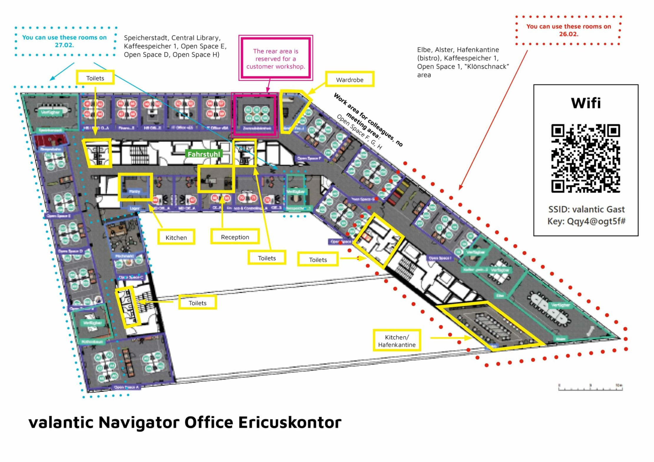 Bürogrundriss mit beschrifteten Bereichen wie Küche, Rezeption und Toiletten. Mit QR-Code für WLAN und Hinweisen zu verfügbaren Räumen. Verschiedene Farben kennzeichnen Zonen und Versorgungseinrichtungen.