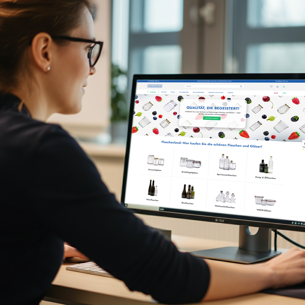 Flaschenland Onlineshop: Frau am Schreibtisch blickt auf Monitor mit Flaschenprodukten.