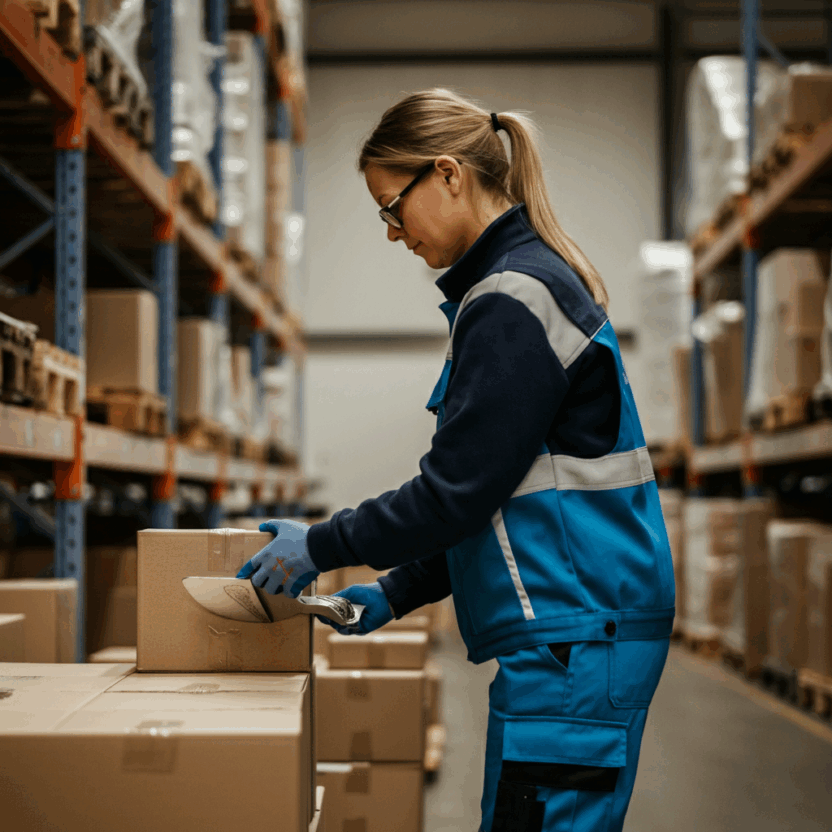 Flaschenland Lager: Eine Person in blauer Uniform und Handschuhen beschriftet Kisten in einem Lagergang, im Hintergrund stehen Regale voller brauner Pakete.