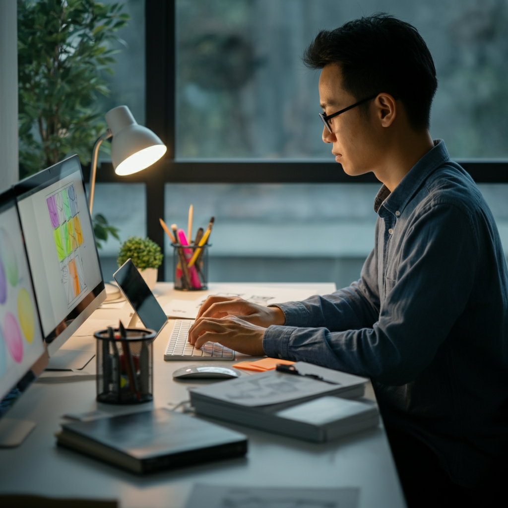 A professional working on a design research in digital environment.