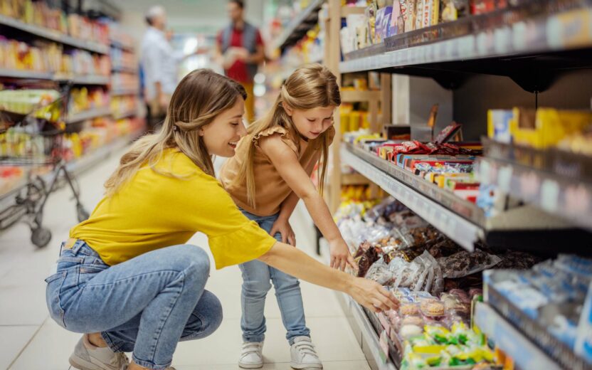 Mother and girl daughter in the supermarket