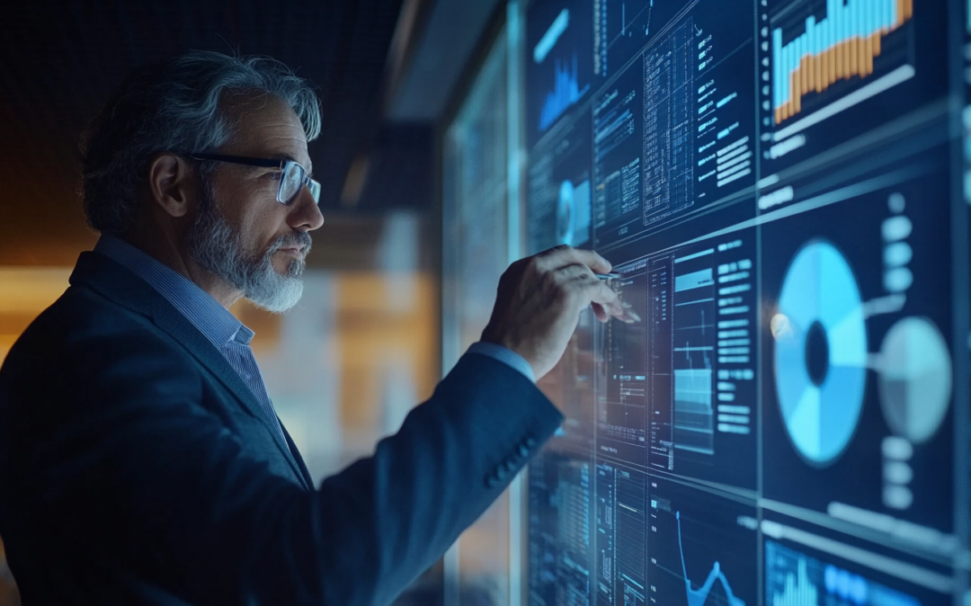 Ein Mann in Geschäftskleidung interagiert mit digitalen Datenvisualisierungen und Diagrammen der Konzernberichterstattung auf einem großen Touchscreen-Display in einer Büroumgebung.