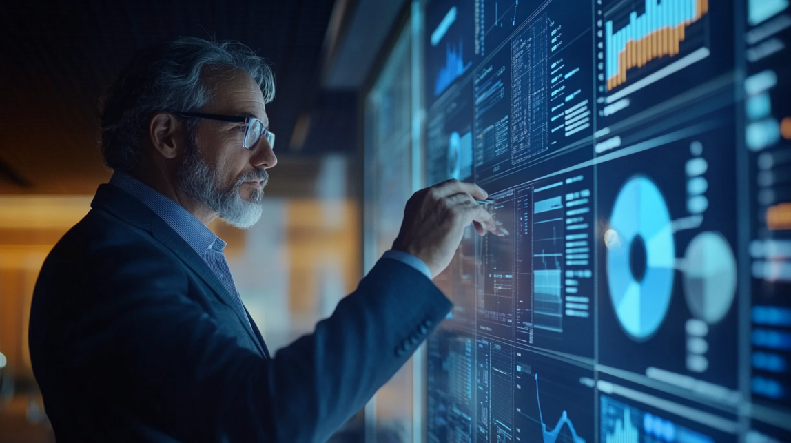 Ein Mann in Geschäftskleidung interagiert mit digitalen Datenvisualisierungen und Diagrammen der Konzernberichterstattung auf einem großen Touchscreen-Display in einer Büroumgebung.