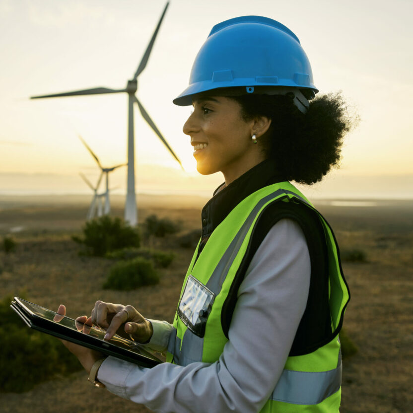 Engineer woman, tablet and windmill for renewable energy, power and electricity innovation. Electrician or technician person in sunset nature for wind turbine and eco environment future maintenace