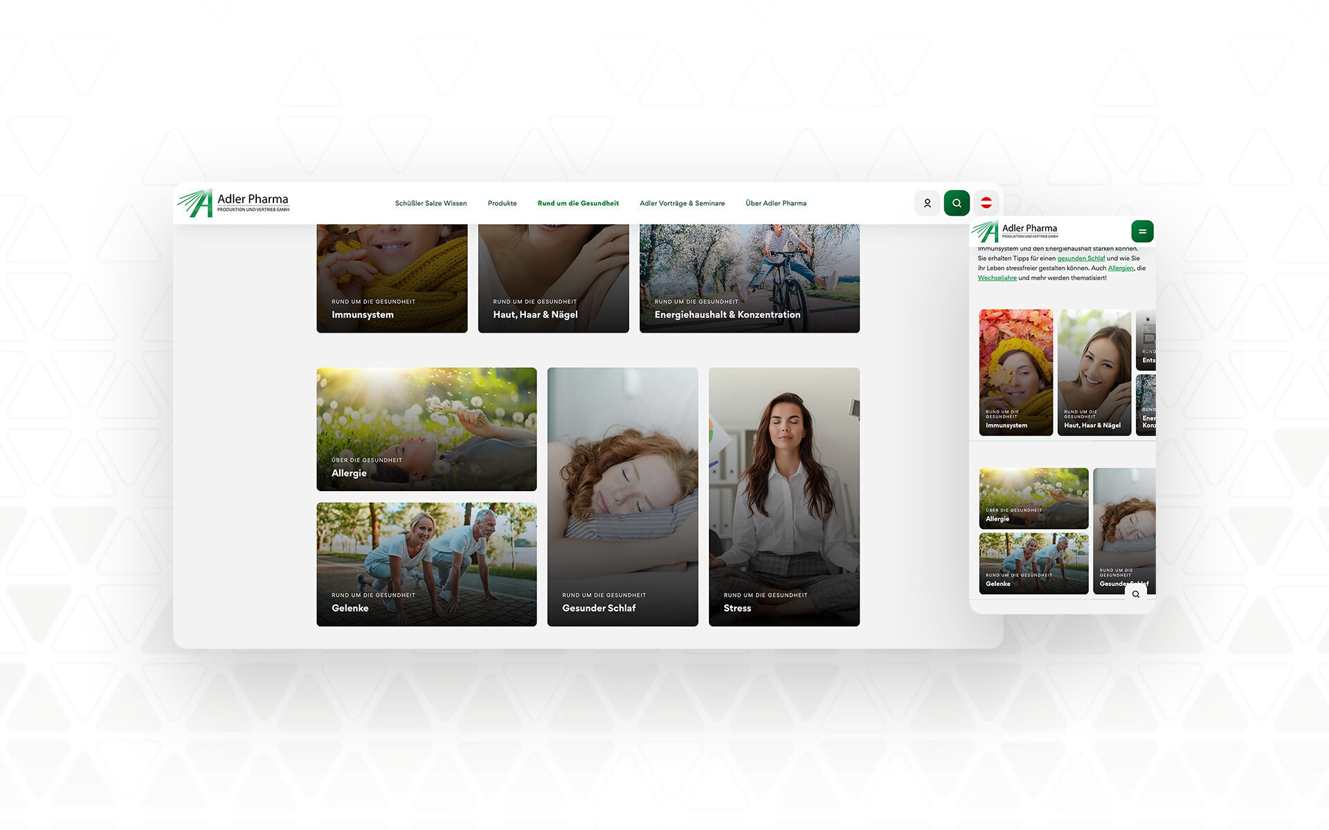 Themenübersicht der Gesundheitsrubrik auf der Adler Pharma Website – Kategorien wie Immunsystem, Stress, Allergie und gesunder Schlaf in Desktop- und mobiler Ansicht.