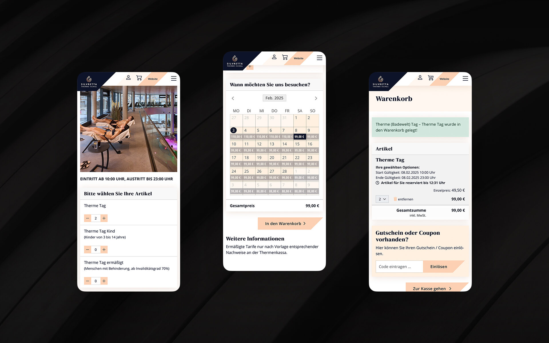 Mobile Buchungsstrecke der Silvretta Therme Ischgl mit Produktauswahl, Kalenderansicht und Warenkorb zur Reservierung von Tagestickets.