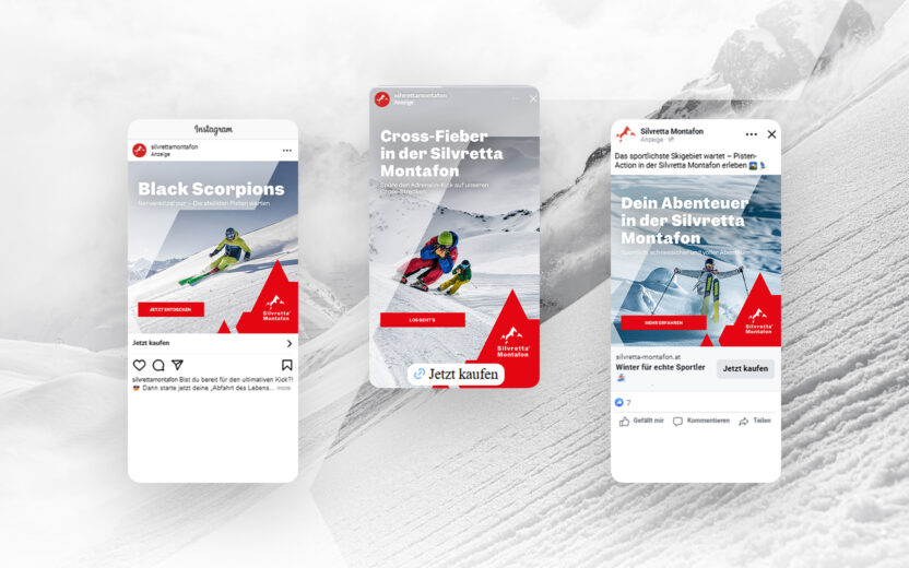 Drei digitale Anzeigen werben für den Skisport in der Silvretta Montafon, Österreich, und zeigen Skifahrer in Aktion vor verschneiten Bergkulissen mit roten und weißen Branding-Elementen - perfekt für Performance-Marketing-Kampagnen.