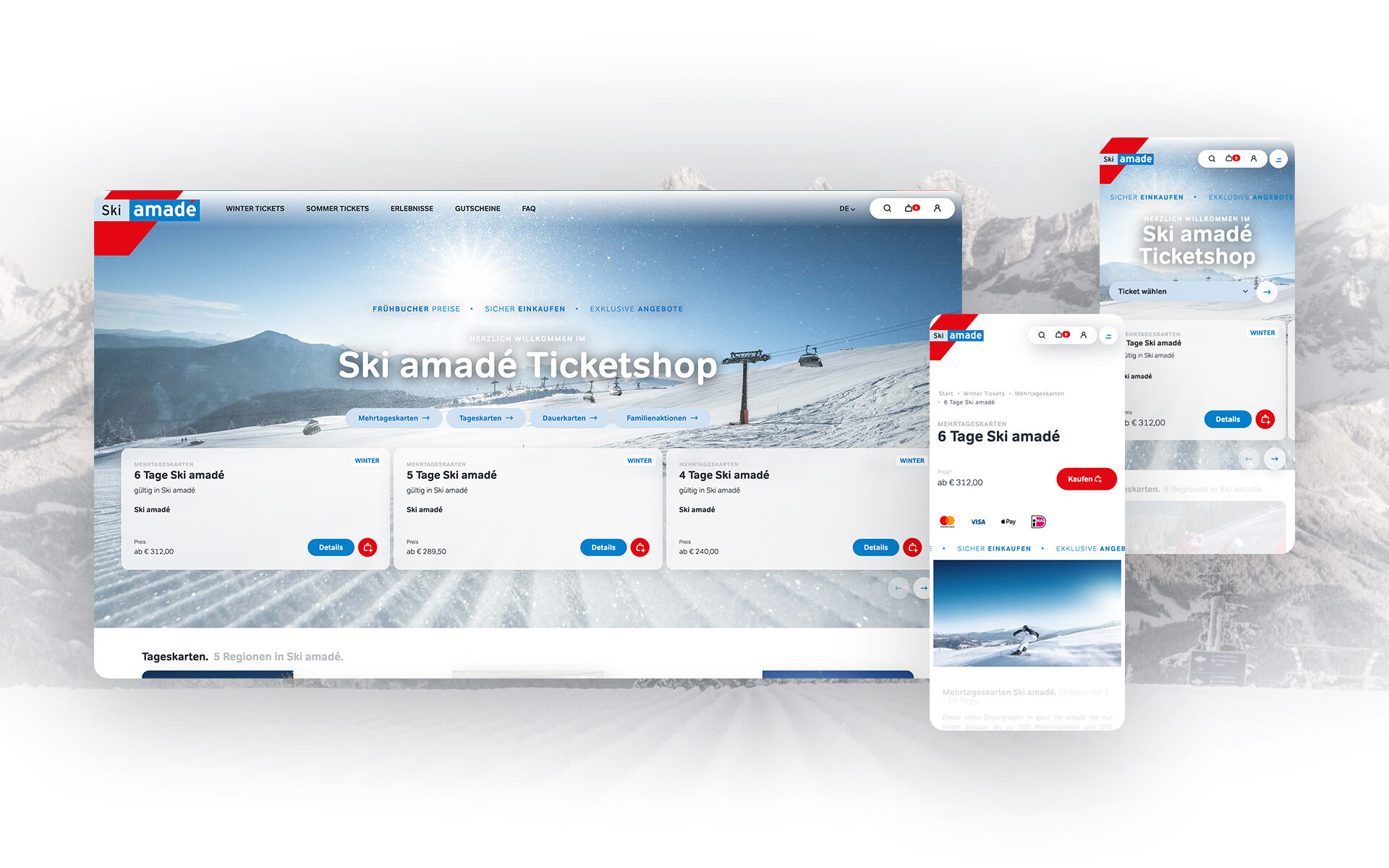 Mockup of the Ski amadé ticket shop – once on desktop and twice on mobile