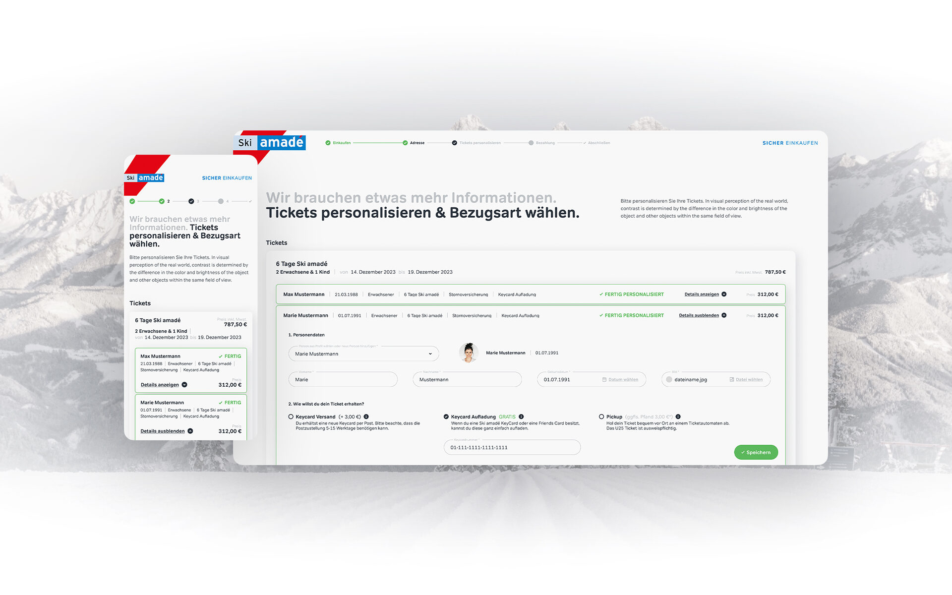 Mockup vom Ski amadé Ticketshop zur Ticketpersonalisierung