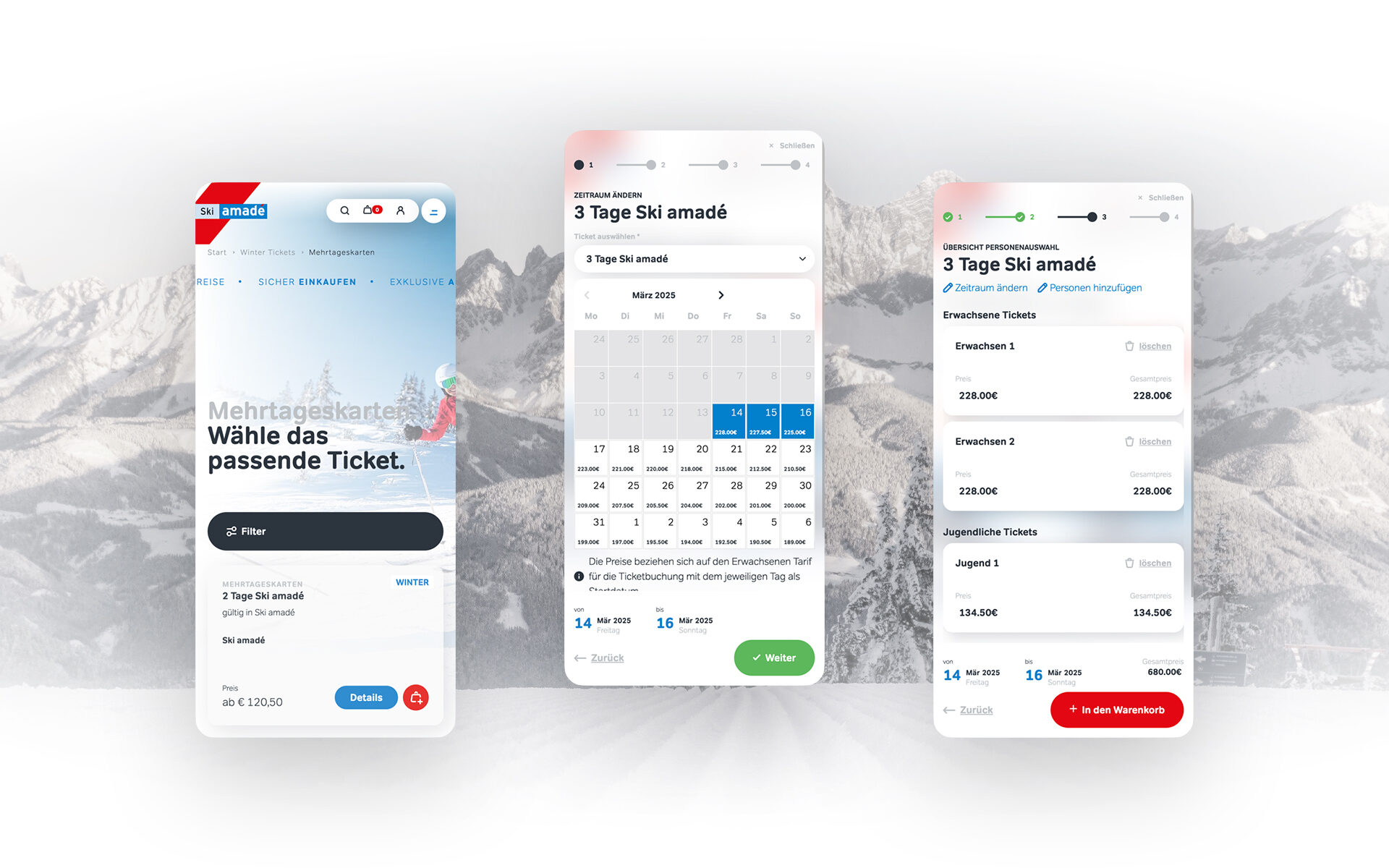 Mockup of the Ski amadé ticket shop on three mobile devices