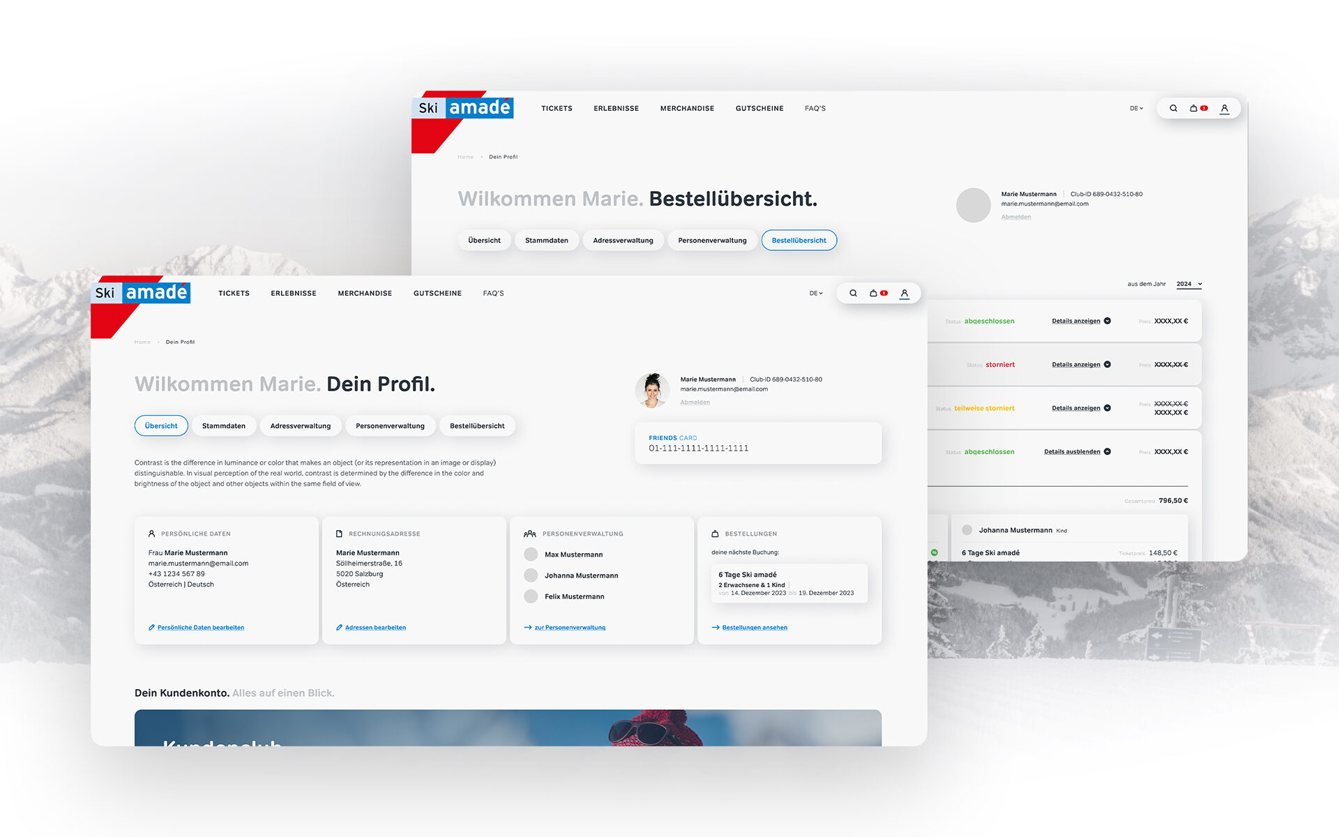 Mockup of the order overview in the Ski amadé ticket shop