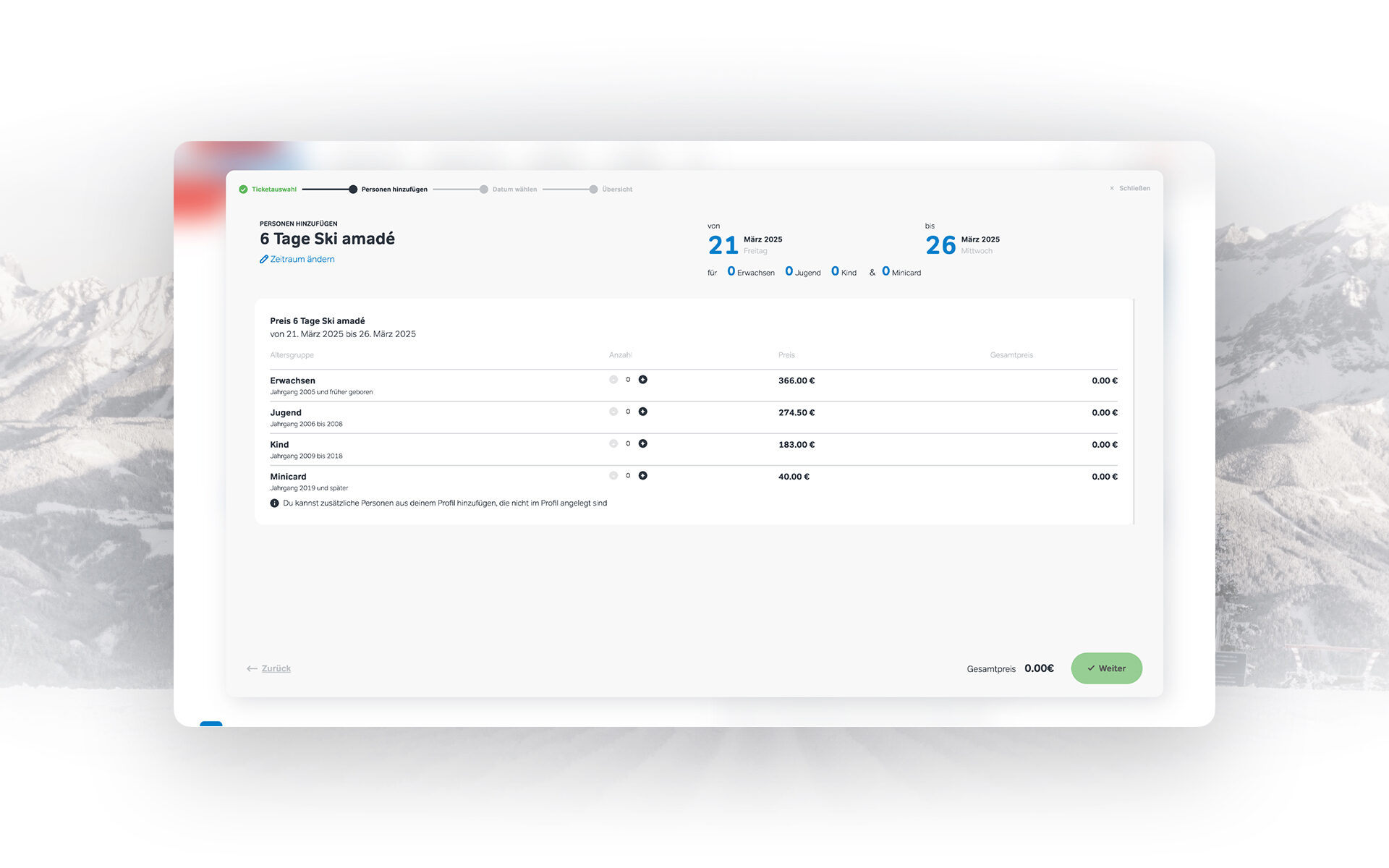 Mockup des Checkout-Prozess im Ticketshop von Ski amadé