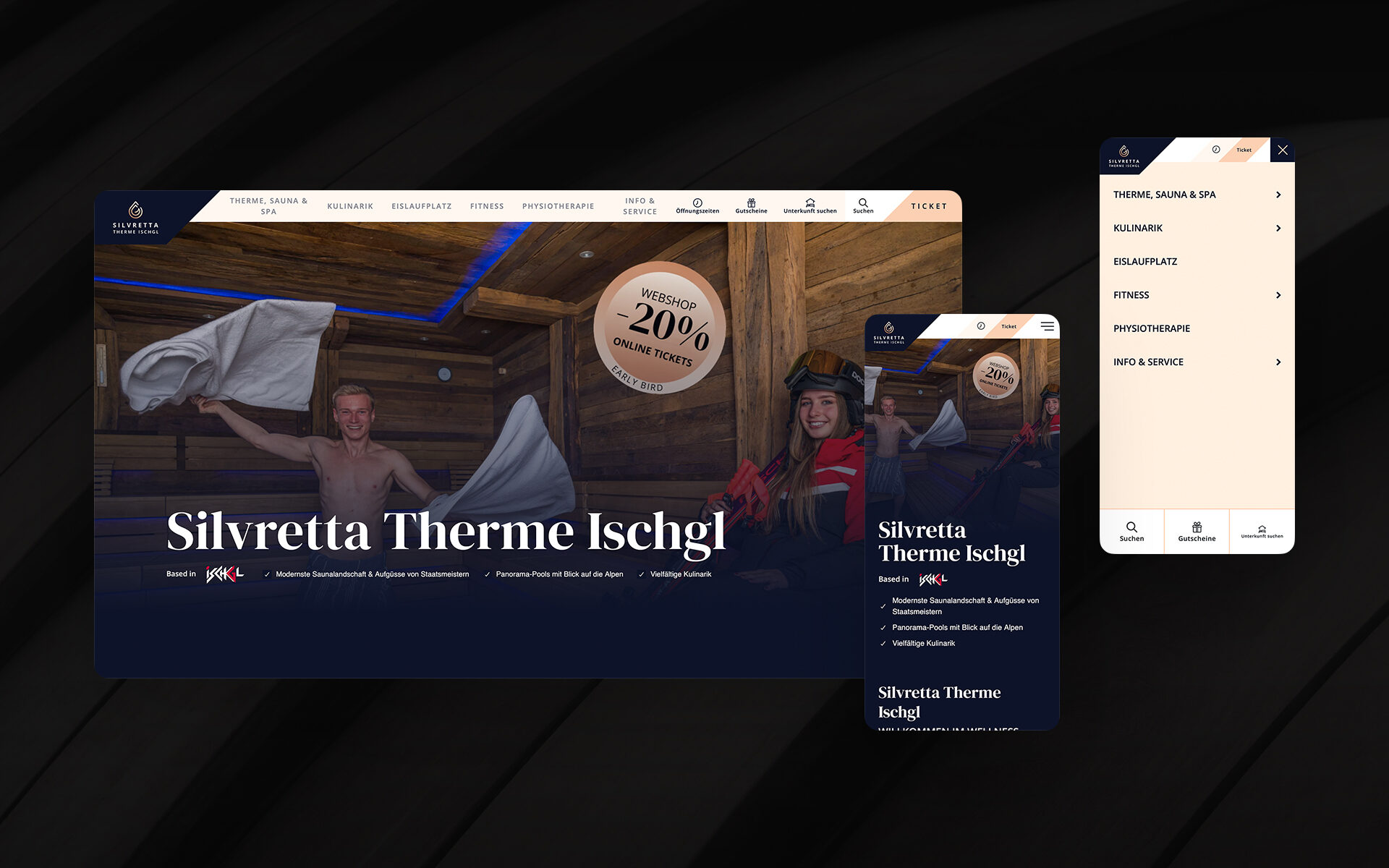 Startseite der Website der Silvretta Therme Ischgl mit Saunabereich und Hinweis auf 20 % Webshop-Rabatt für Online-Tickets.