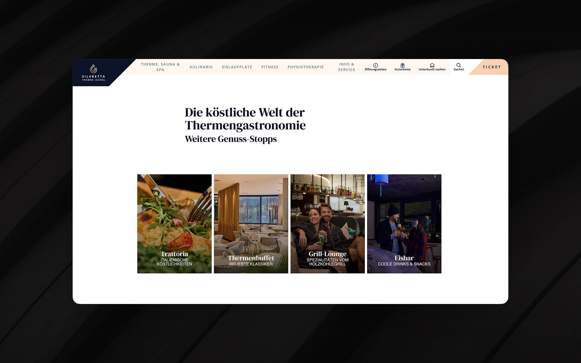 Desktop view of the Silvretta Therme Ischgl website showcasing the thermal spa gastronomy – Trattoria, spa buffet, grill lounge, and ice bar.