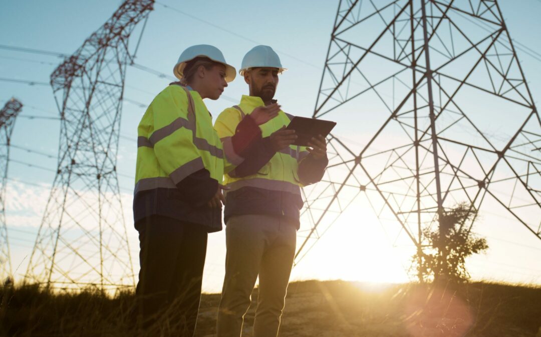 Outdoor, tablet and people with power construction, teamwork and engineering with electricity, sunshine or planning with app